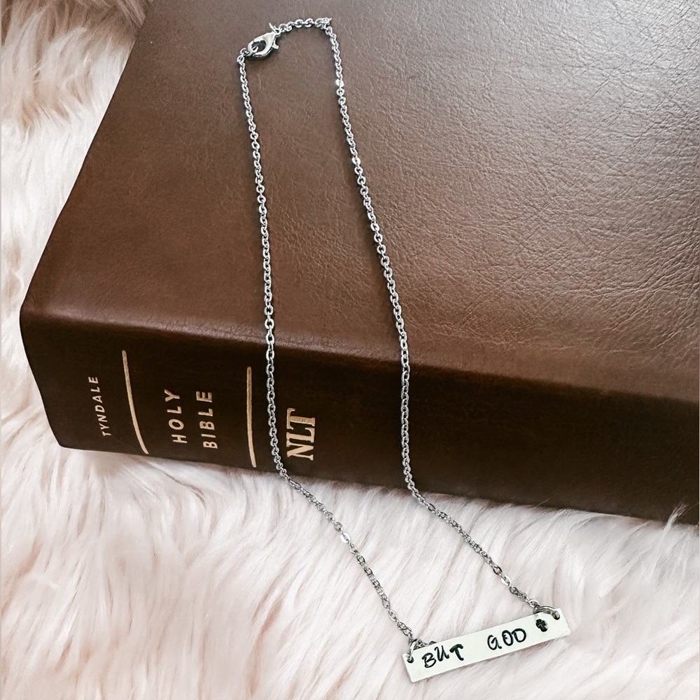 But God Hand Stamped Stainless Steel 18” Bar Necklace